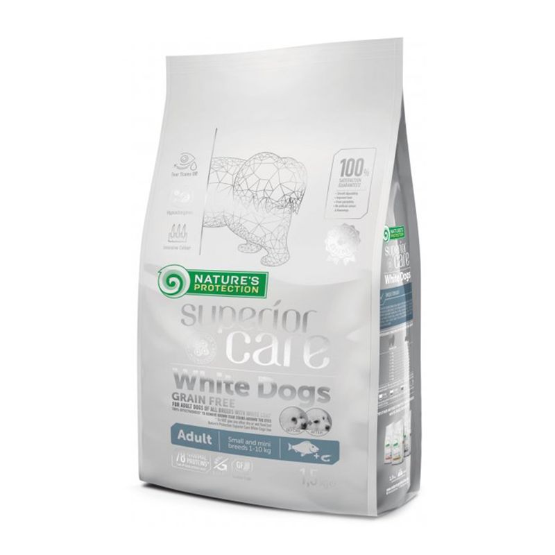 Hrană uscată fără cereale câini NATURES PROTECTION Superior Care White Dogs Small&Mini, Pește Alb, 1.5kg