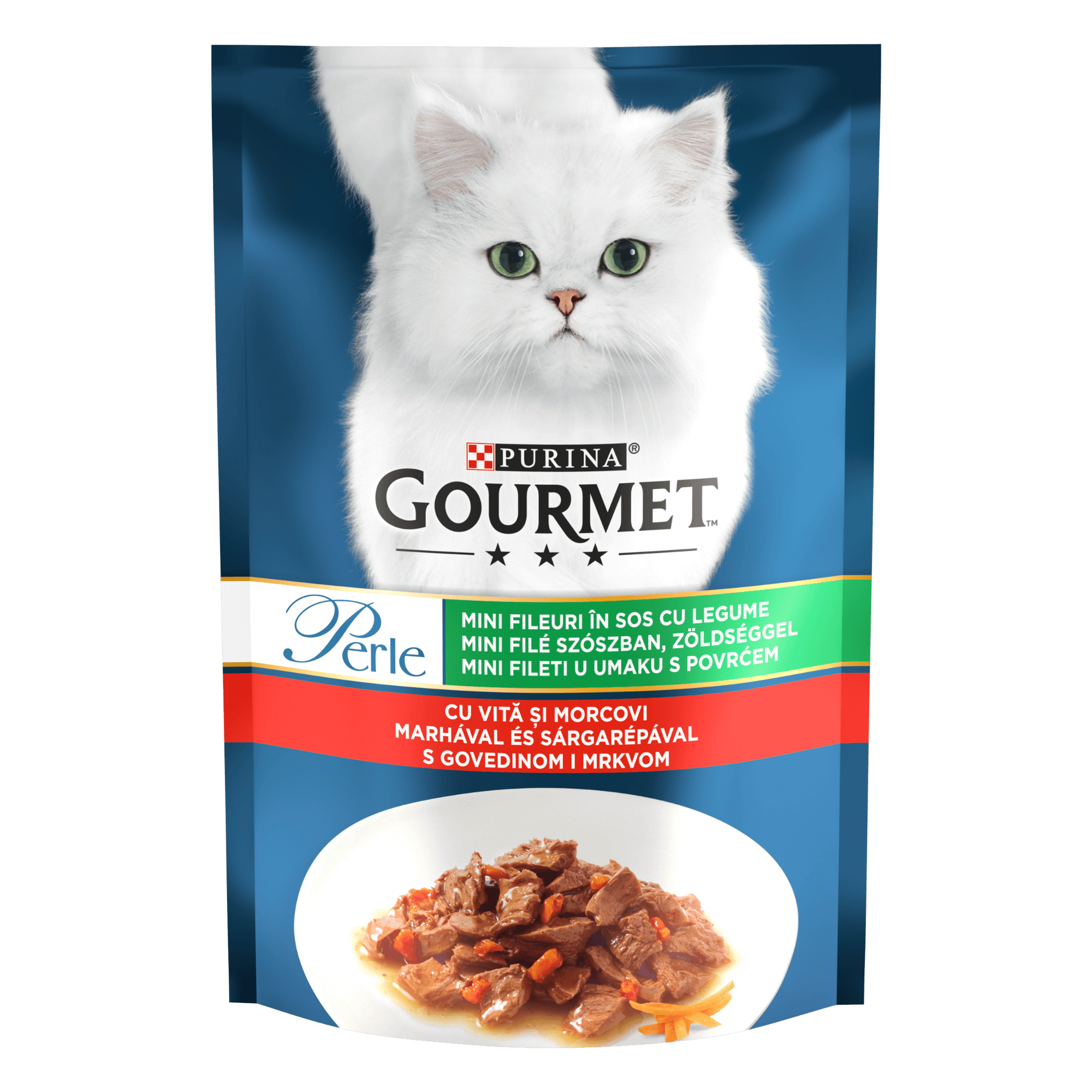 Hrana umeda pentru pisici Gourmet Perle, Mini Fileuri in Sos Vita si Morcovi, 85 g