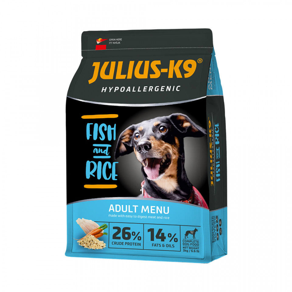 Julius K9 Adult - Hrana uscata caini, hipoalergenica - Peste si Orez - 12kg