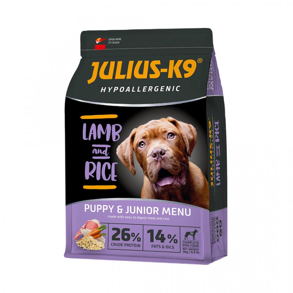 Julius K9 Puppy - Hrana uscata caini, hipoalergenica - Miel si Orez - 12kg