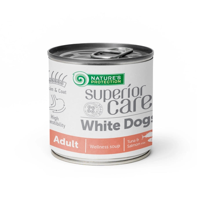 NATURES PROTECTION Superior Care White Dogs, Ton și Somon, conservă hrană lichidă fără cereale câini, piele & blană, 140ml