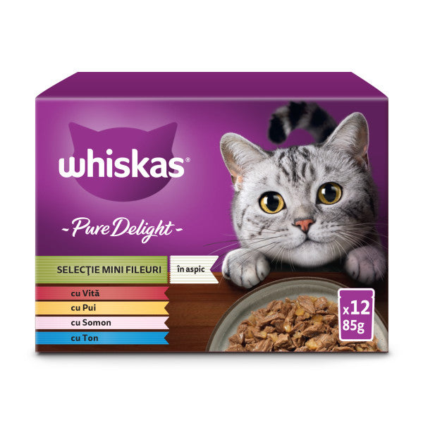 Whiskas Pure Delight hrana umeda pentru pisici adulte, selectii de carne in aspic 12 x 85 g