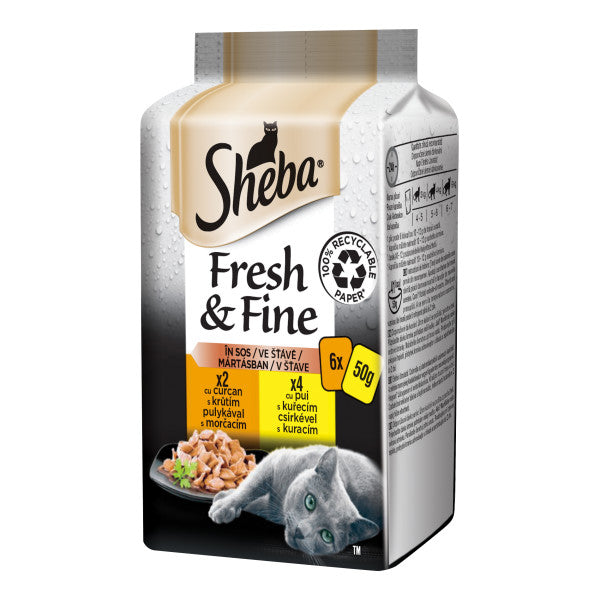 Sheba Fresh & Fine hrana umeda pentru pisici adulte, pui si curcan, 6 x 50g