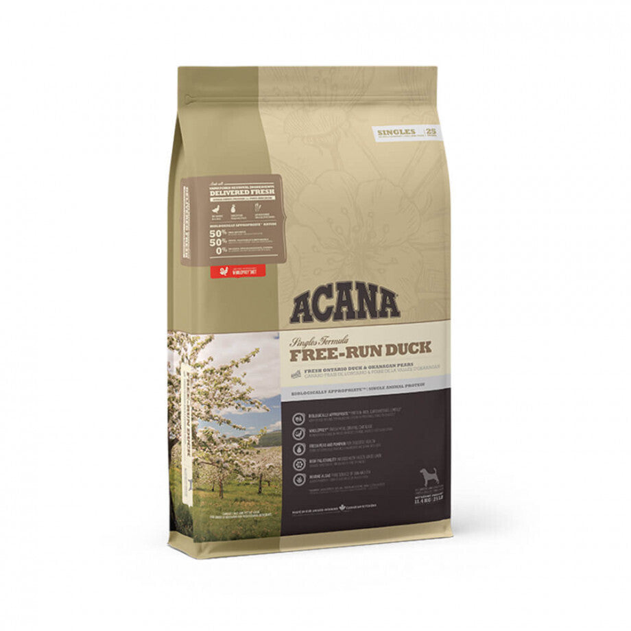 ACANA Singles Free-Run Duck, Rață și Pere, hrană uscată monoproteică fără cereale câini, 11.4kg