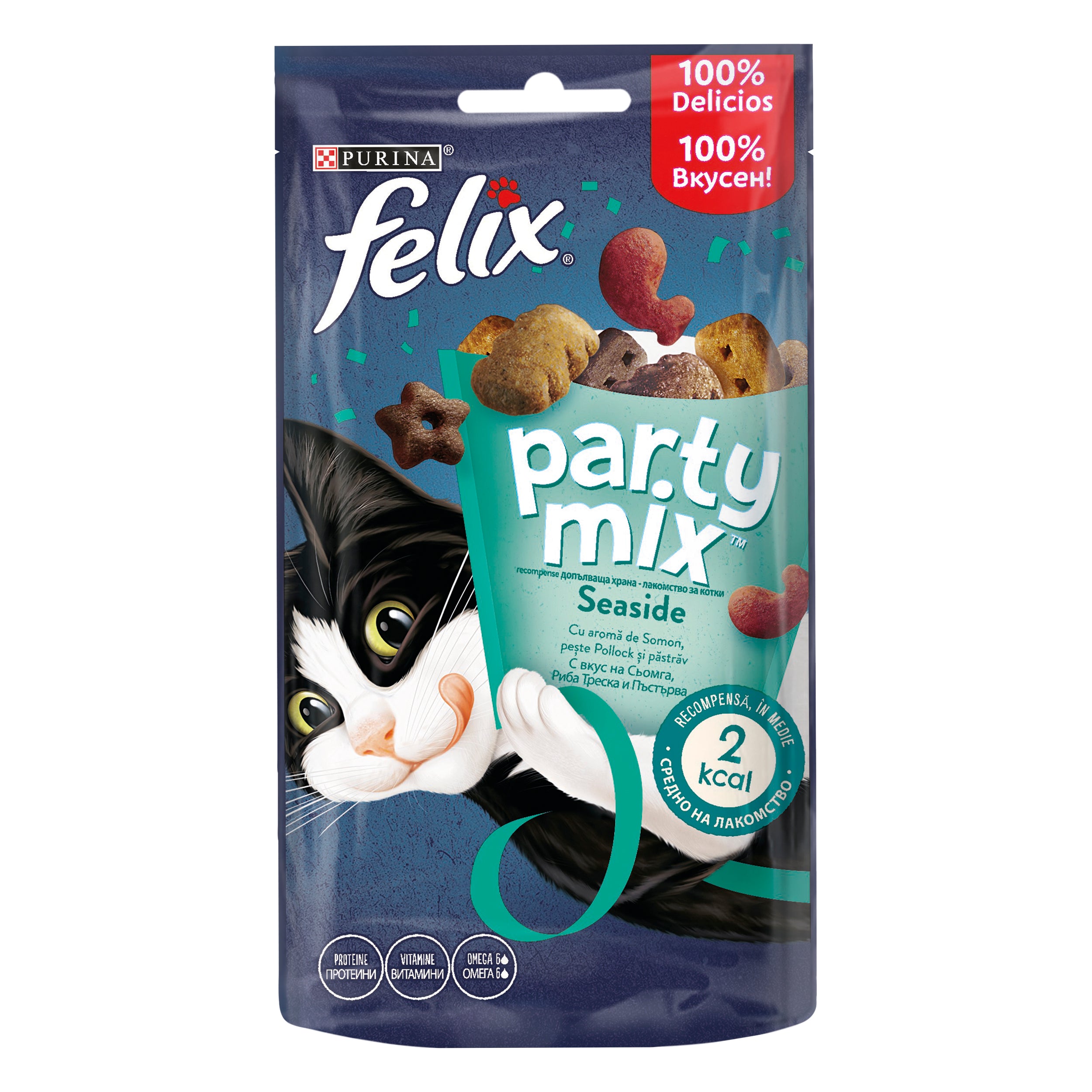 PURINA FELIX PARTY MIX Seaside, cu Somon, Pește Pollock și Păstrăv, recompense pentru pisici, 60g