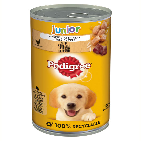 Pedigree Junior hrana umeda la conserva pentru caini juniori cu pui in aspic