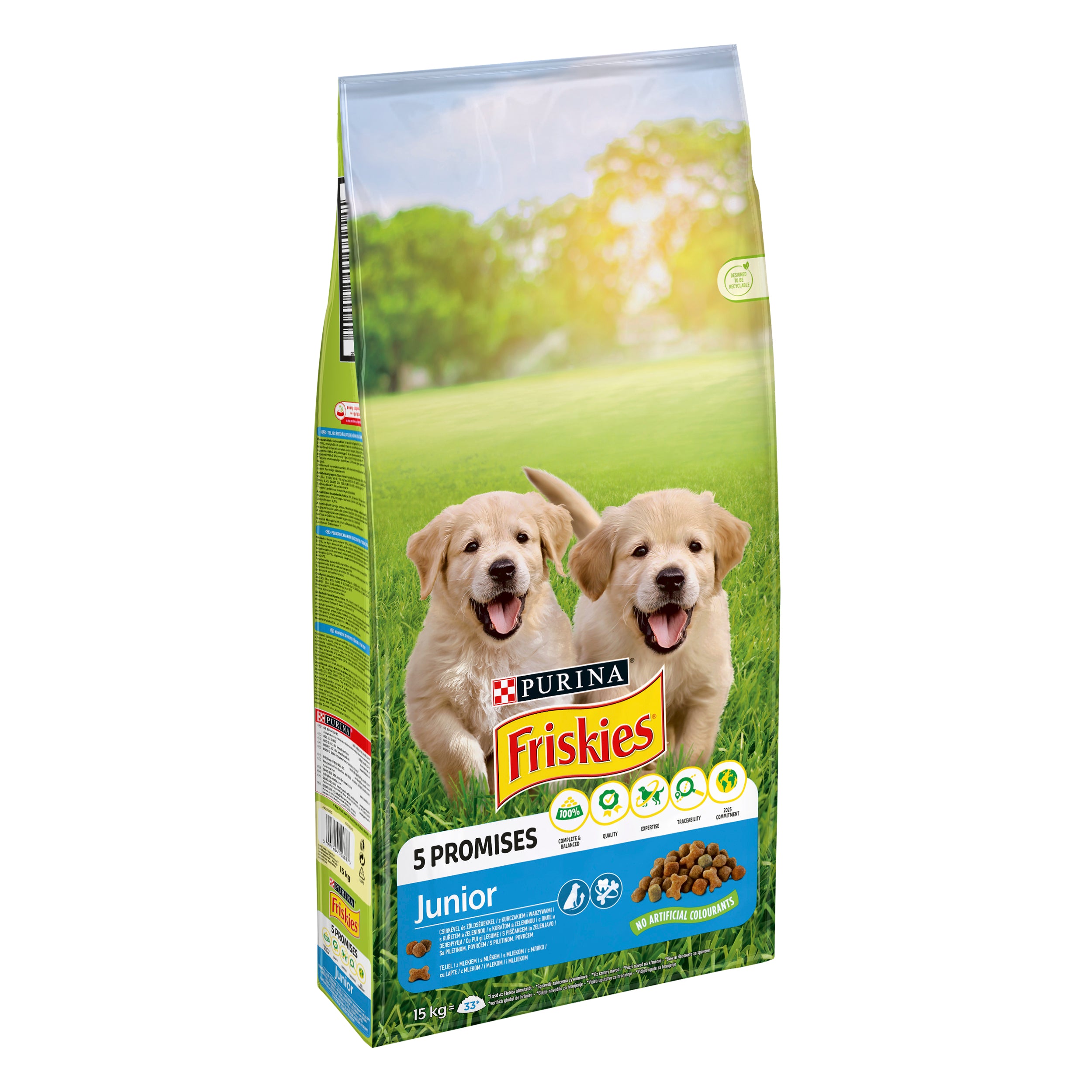 PURINA FRISKIES JUNIOR, cu Pui, Legume și Lapte, hrană uscată pentru puii de câine, 15kg