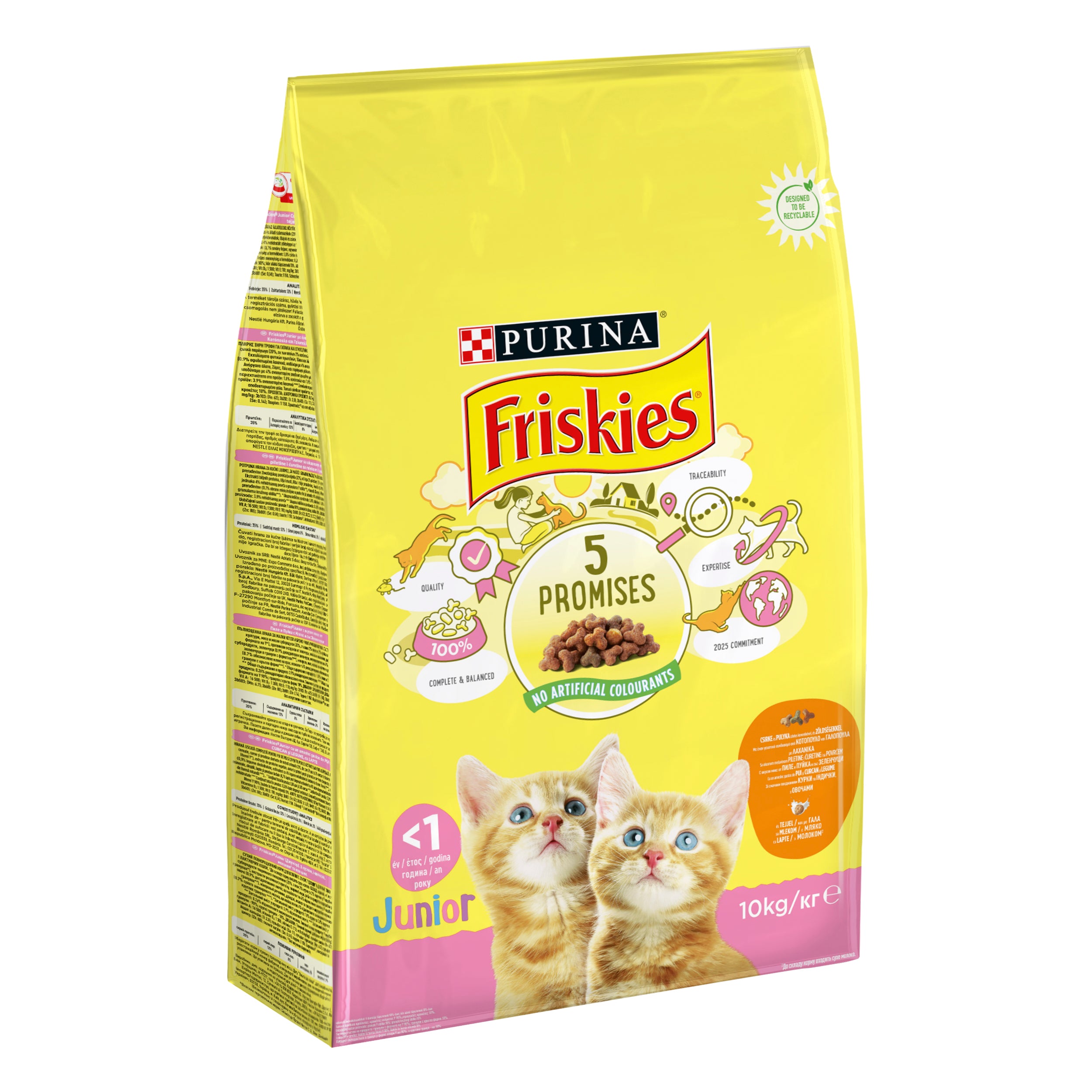 PURINA FRISKIES JUNIOR, cu Pui, Curcan, Legume și Lapte, hrană uscată pentru puii pisică, 10kg