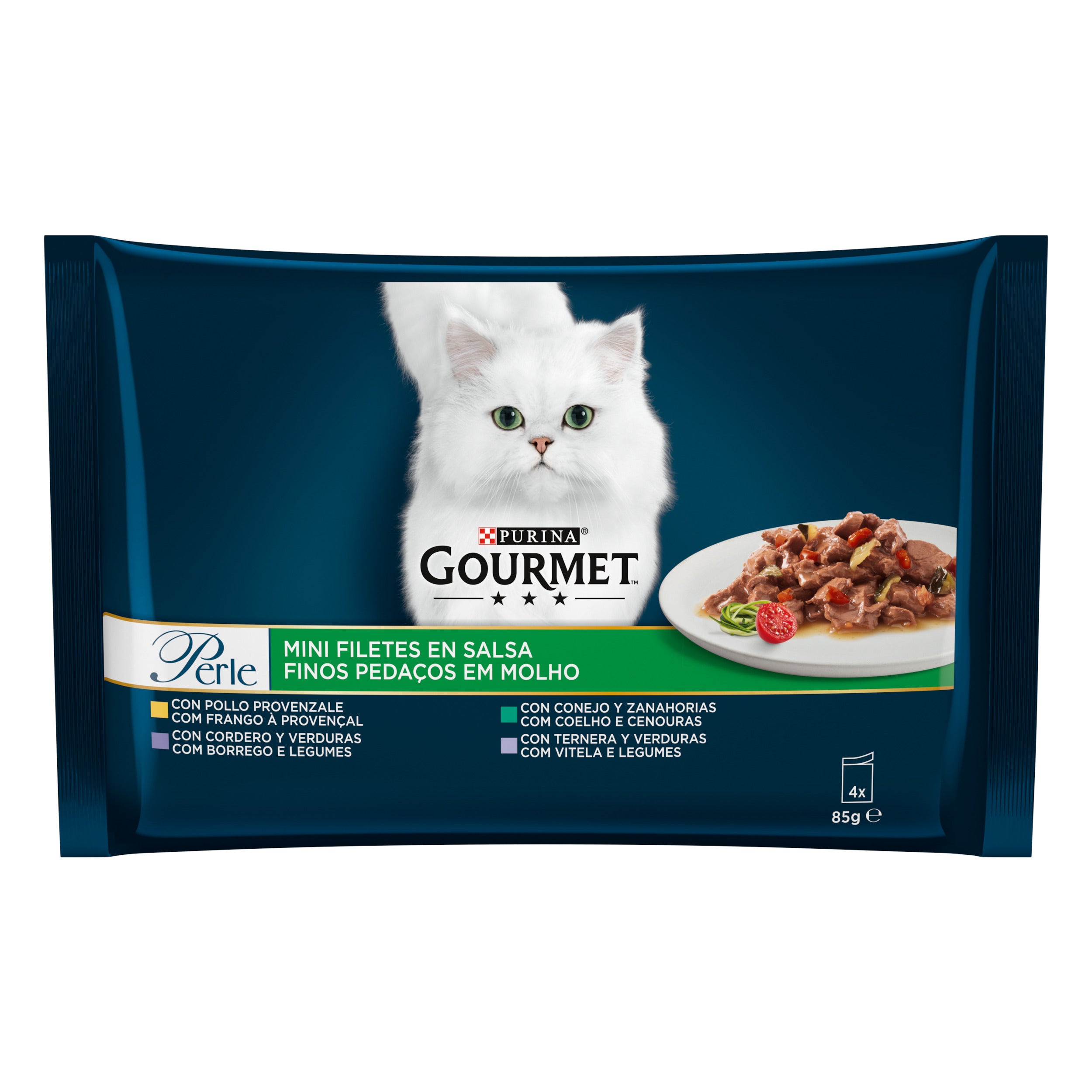 PURINA GOURMET PERLE, cu Vițel și Legume, Iepure și Morcovi, Miel și Legume, Pui , mini fileuri în sos, hrană umedă pentru pisici, 4x85 g