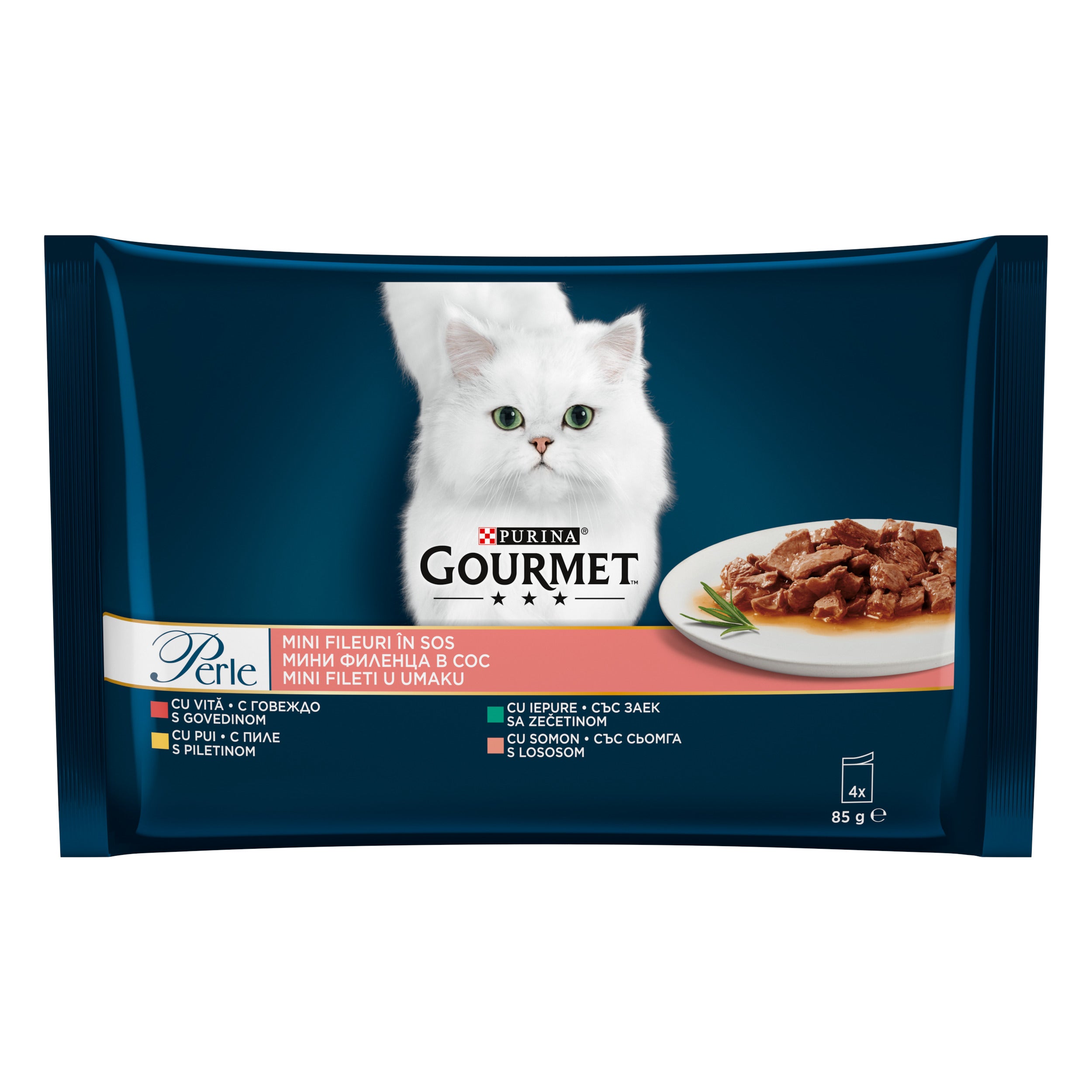 PURINA GOURMET PERLE, cu Vită, Pui, Iepure, Somon, mini fileuri în sos, hrană umedă pentru pisici, 4x85g