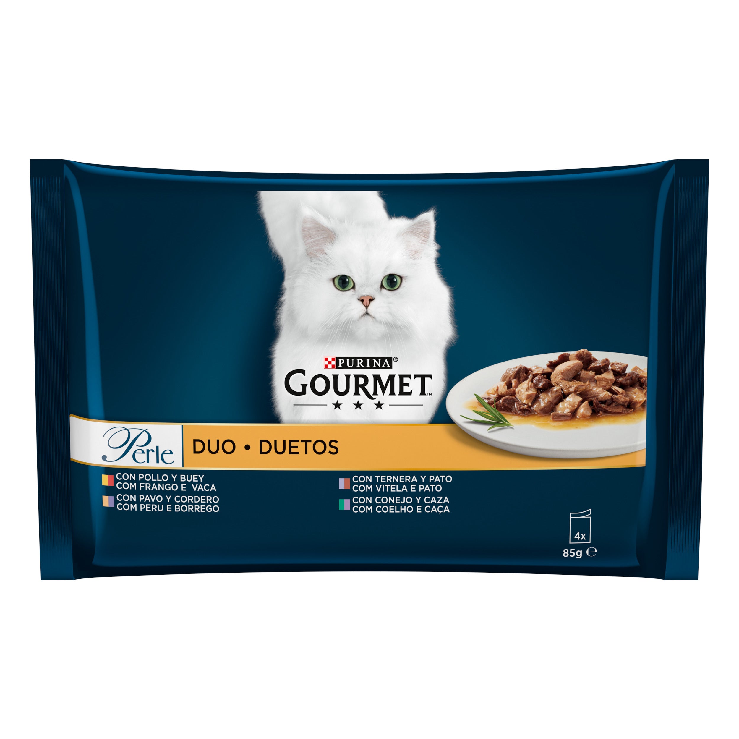 PURINA GOURMET PERLE, cu Pui și Vită, Curcan și Miel, Vițel și Rață, Iepure și Vânat, mini fileuri în sos, hrană umedă pentru pisici, 4x85g