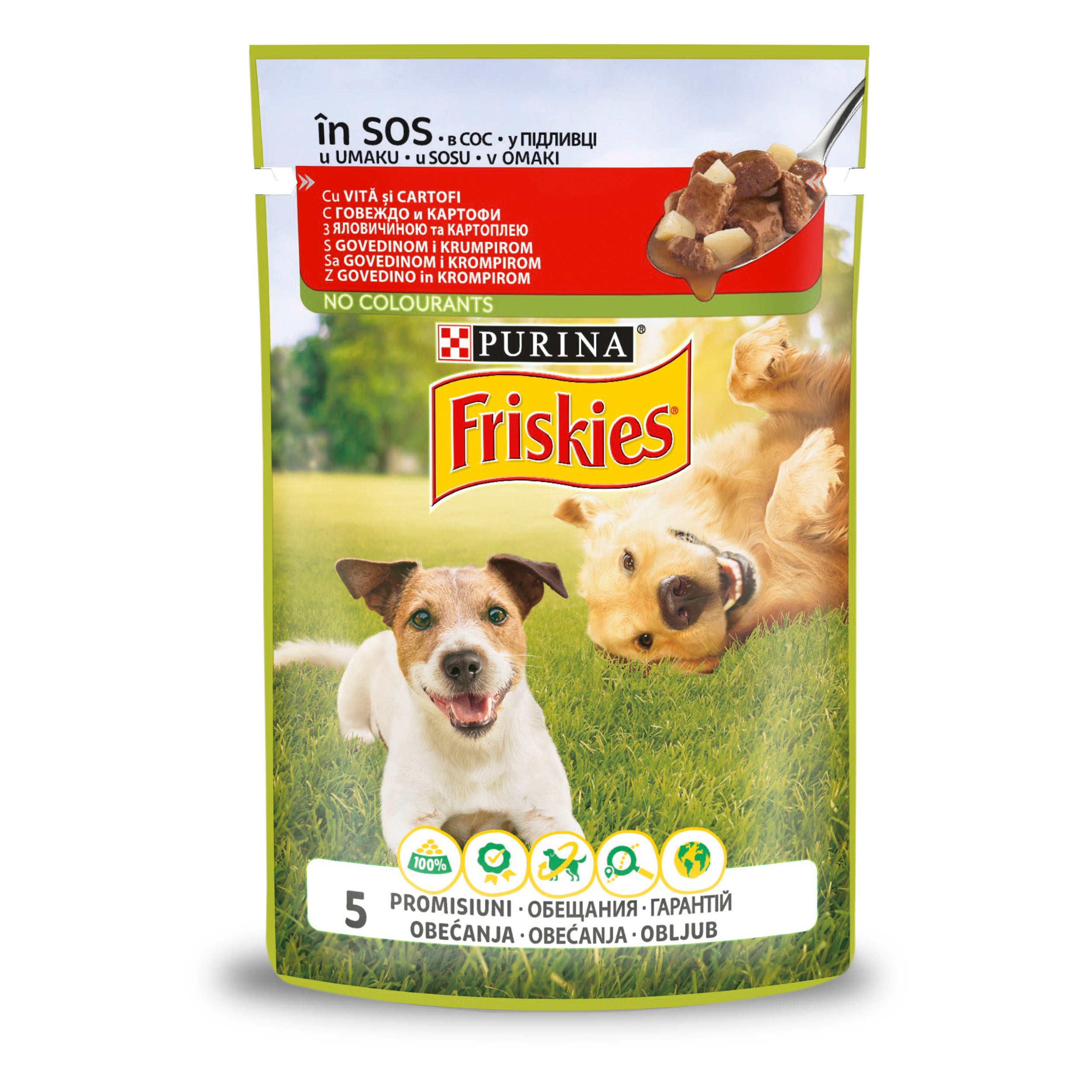 PURINA FRISKIES ADULT, cu Vită și Cartofi în sos, hrană umedă pentru câini, 100g