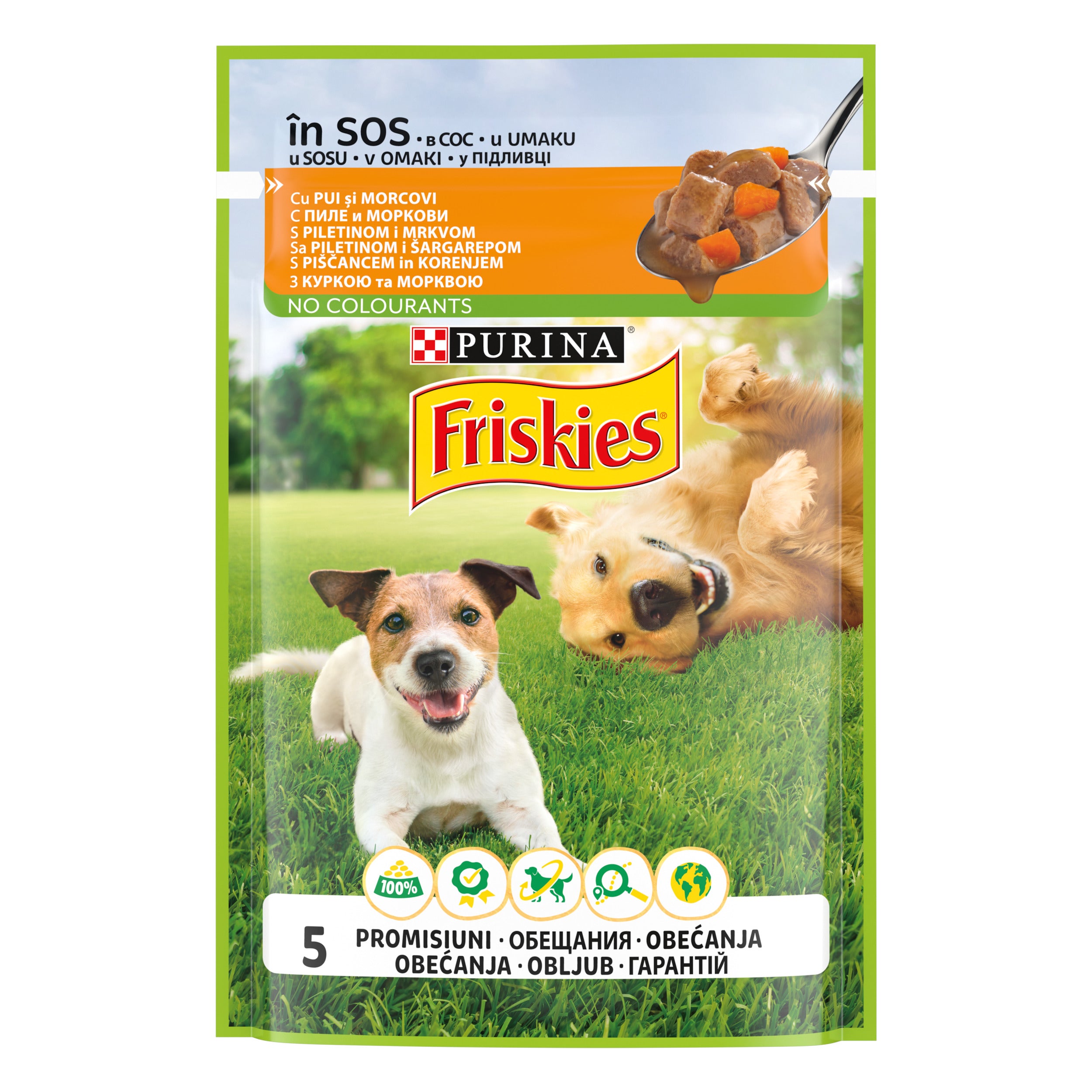 PURINA FRISKIES ADULT, cu Pui și Morcovi în sos, hrană umedă pentru câini, 100g