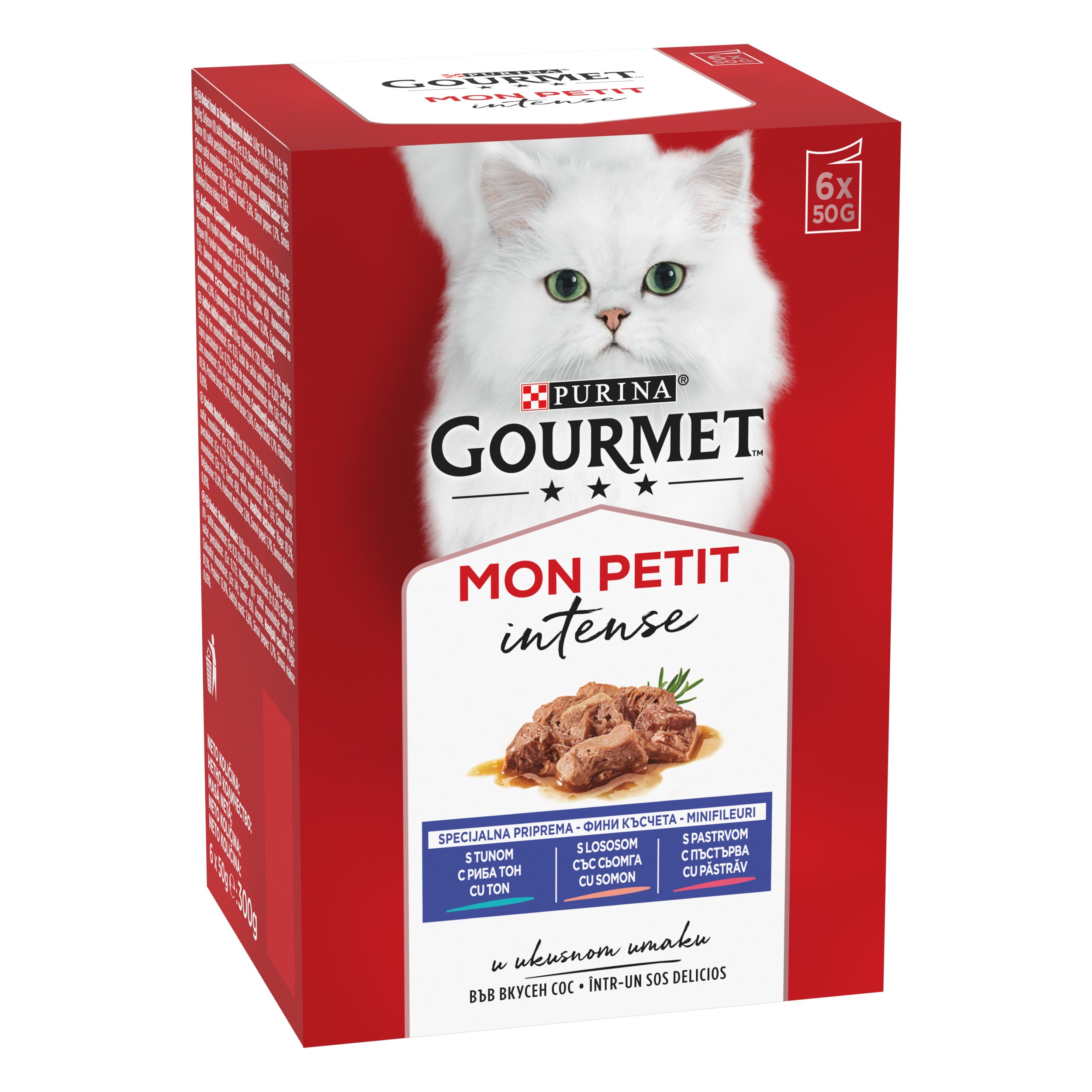 PURINA GOURMET MON PETIT, cu Ton, Somon, Păstrăv, mini fileuri în sos, hrană umedă pentru pisici, 6x50g