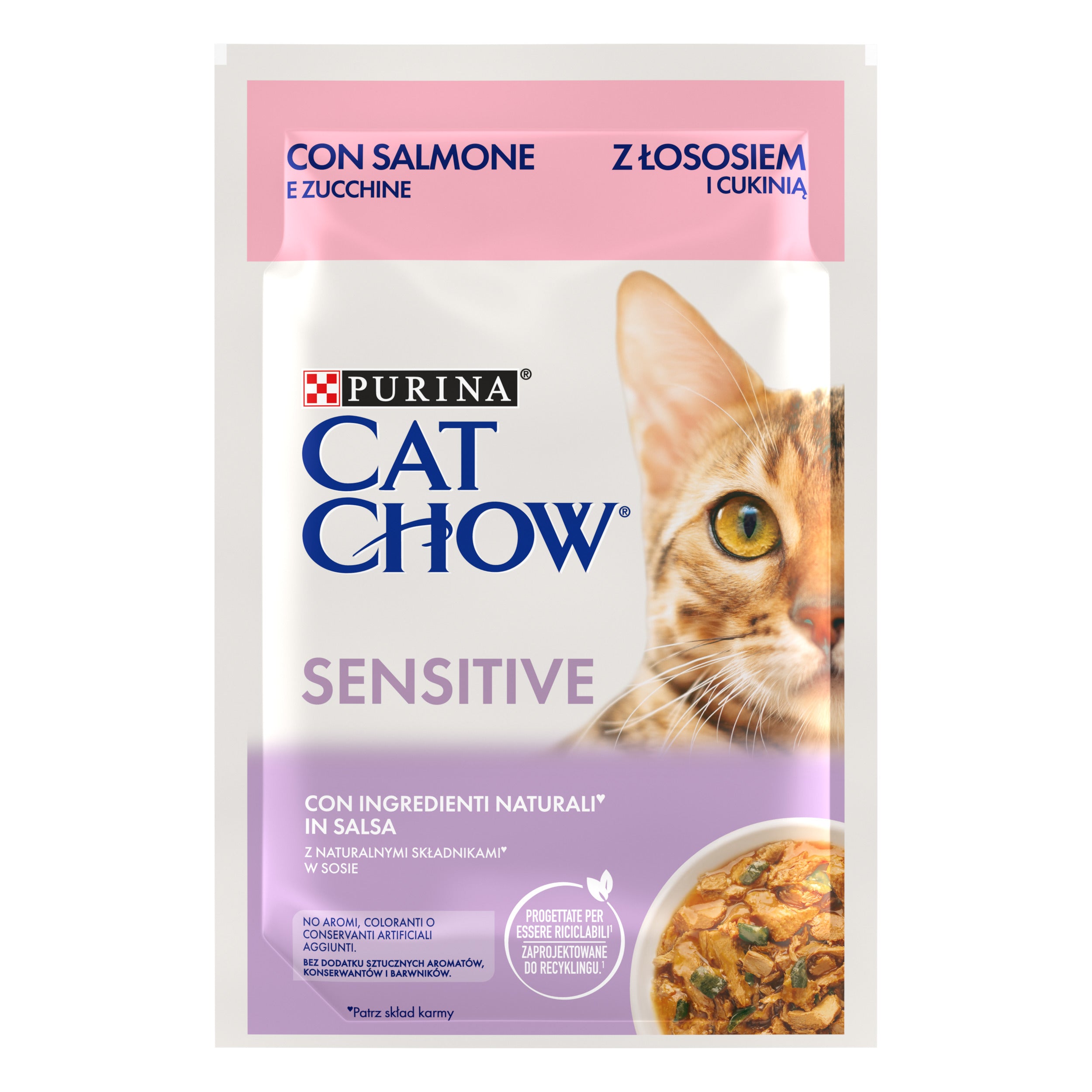 PURINA CAT CHOW SENSITIVE, cu Somon și Dovlecei în sos, hrană umedă pentru pisici, 85g