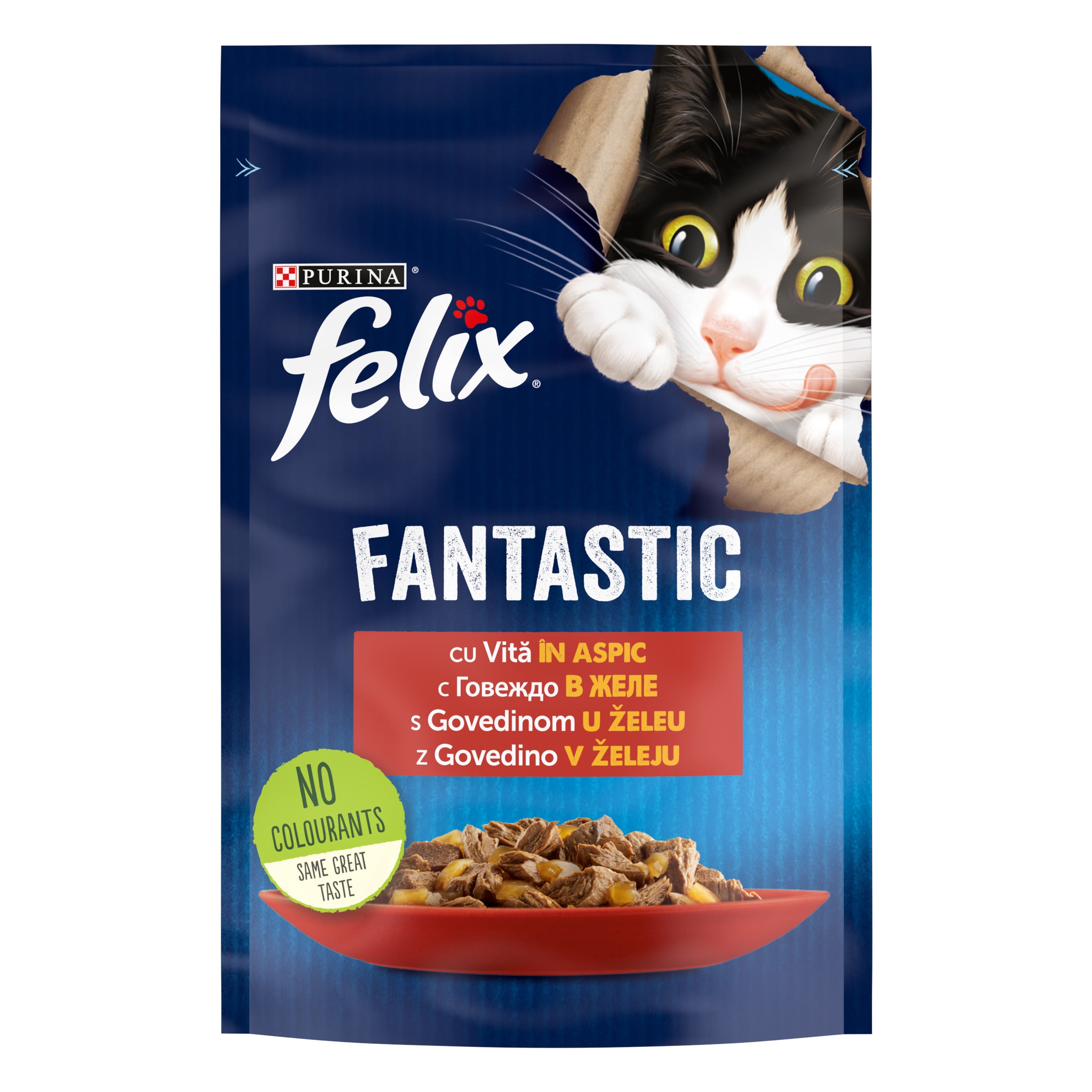 PURINA FELIX FANTASTIC, cu Vită în aspic, hrană umedă pentru pisici, 85 g