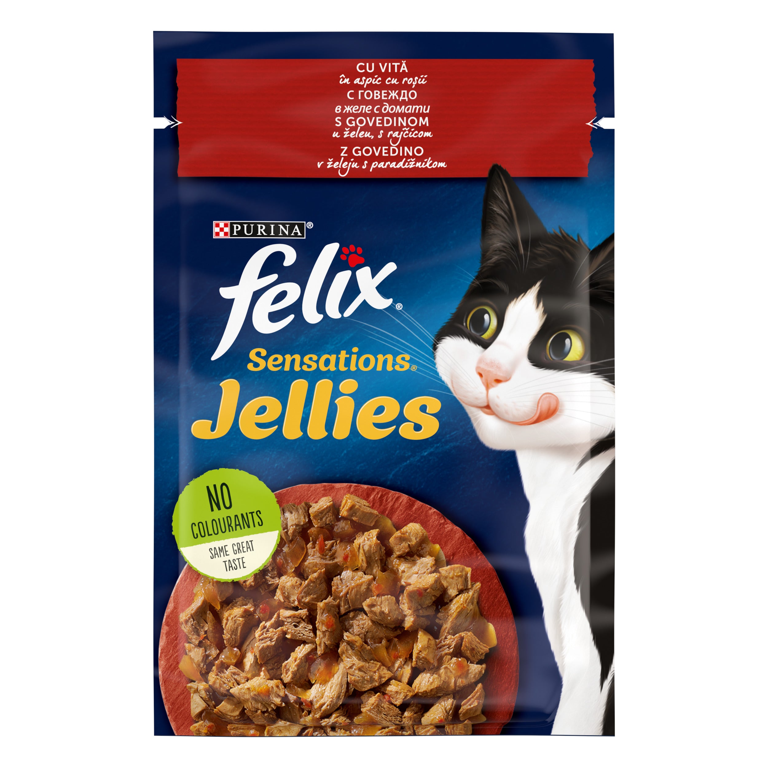 PURINA FELIX SENSATIONS, cu Vită și Roșii în aspic, hrană umedă pentru pisici, 85g