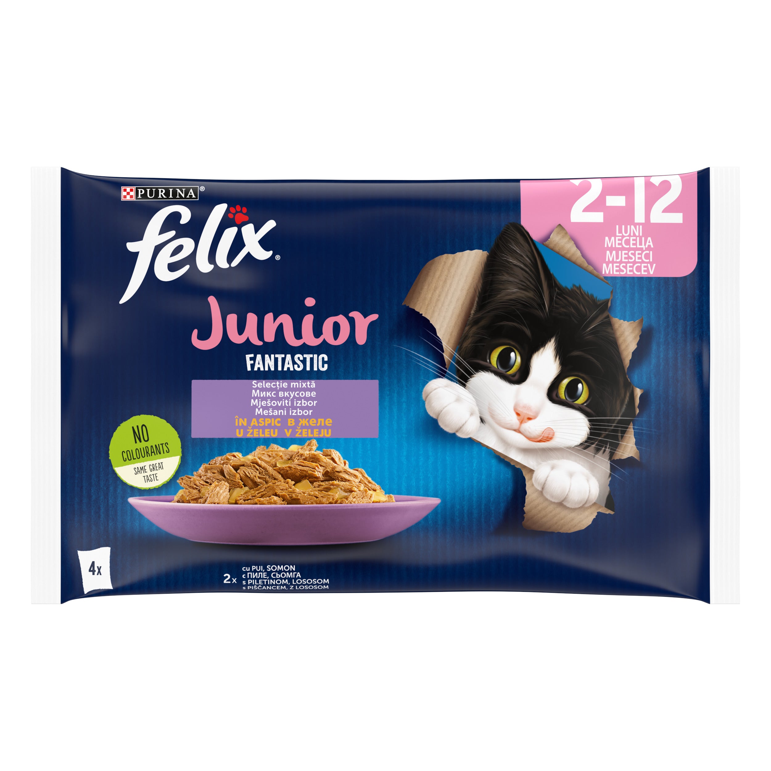 PURINA FELIX FANTASTIC Junior, Selecție Mixtă, cu Pui, Somon în aspic, hrană umedă pentru puii de pisică, 4x85g