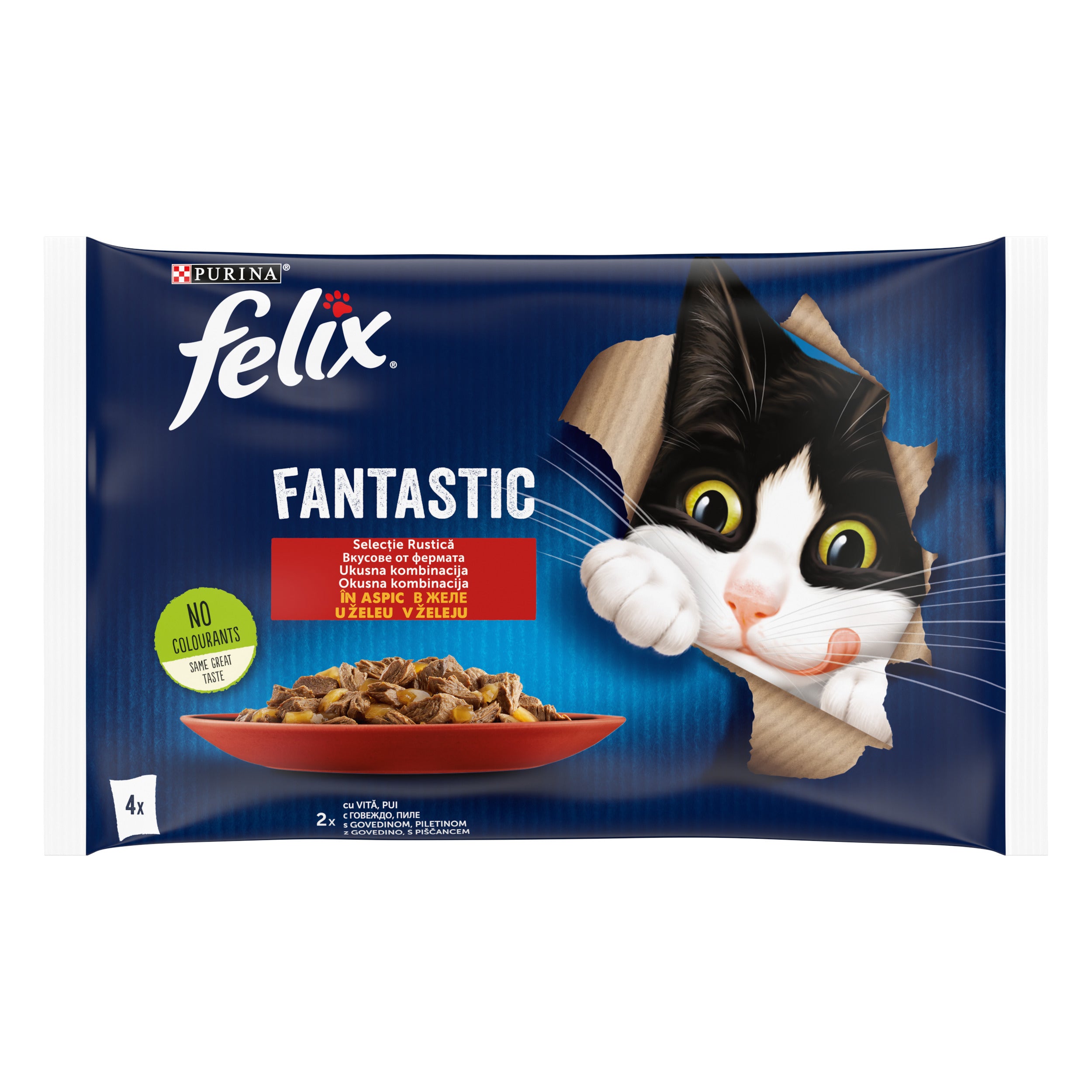 PURINA FELIX FANTASTIC Selecție Rustică, cu Vită, Pui în aspic, hrană umedă pentru pisici, 4x85 g