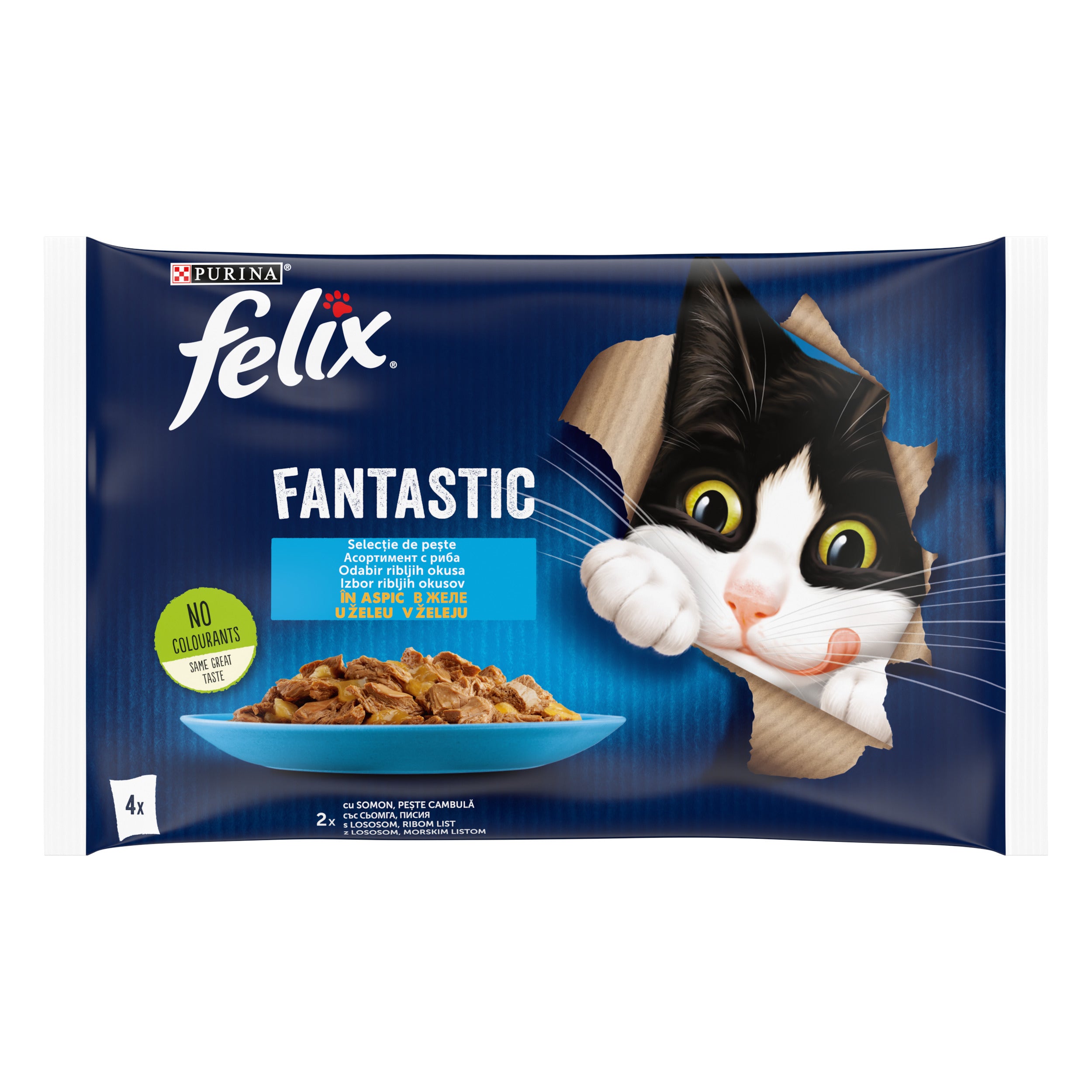 PURINA FELIX FANTASTIC Selecție de Pește, cu Somon, Pește Cambulă în aspic, hrană umedă pentru pisici, 4x85 g