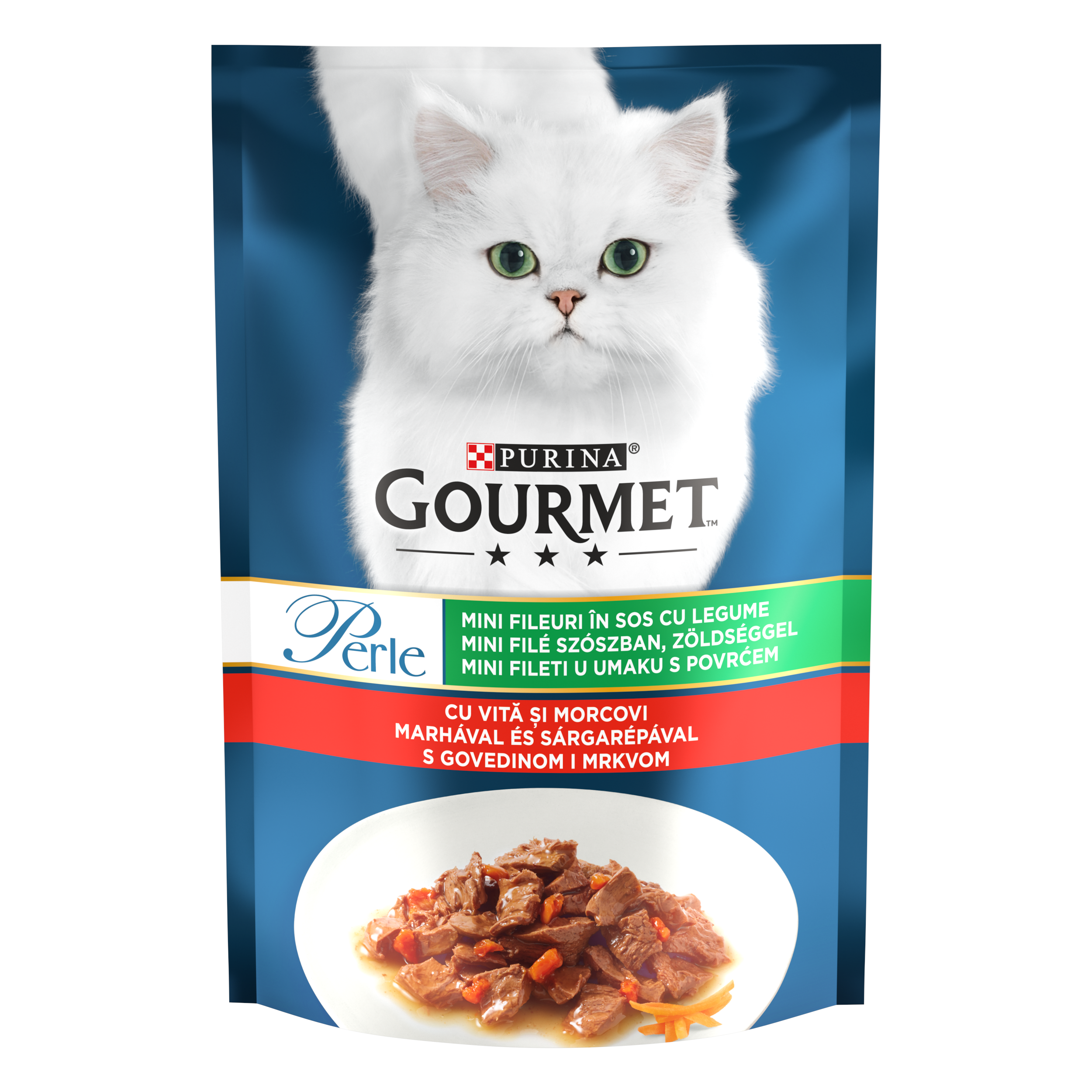 PURINA GOURMET PERLE, cu Vita si Morcovi, mini fileuri în sos, hrană umedă pentru pisici, 85g