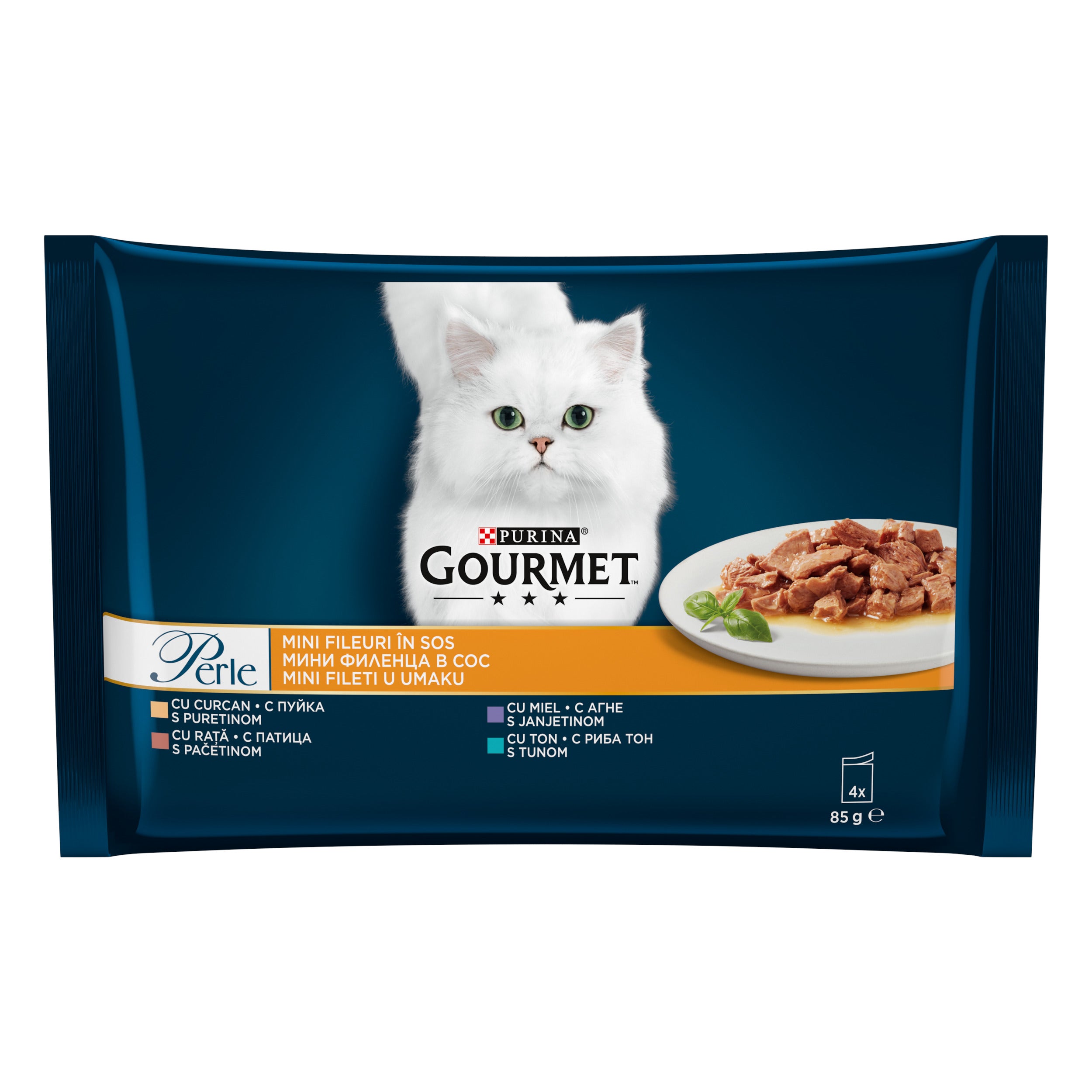 PURINA GOURMET PERLE, cu Curcan, Rață, Miel, Ton, mini fileuri în sos, hrană umedă pentru pisici, 4x85g