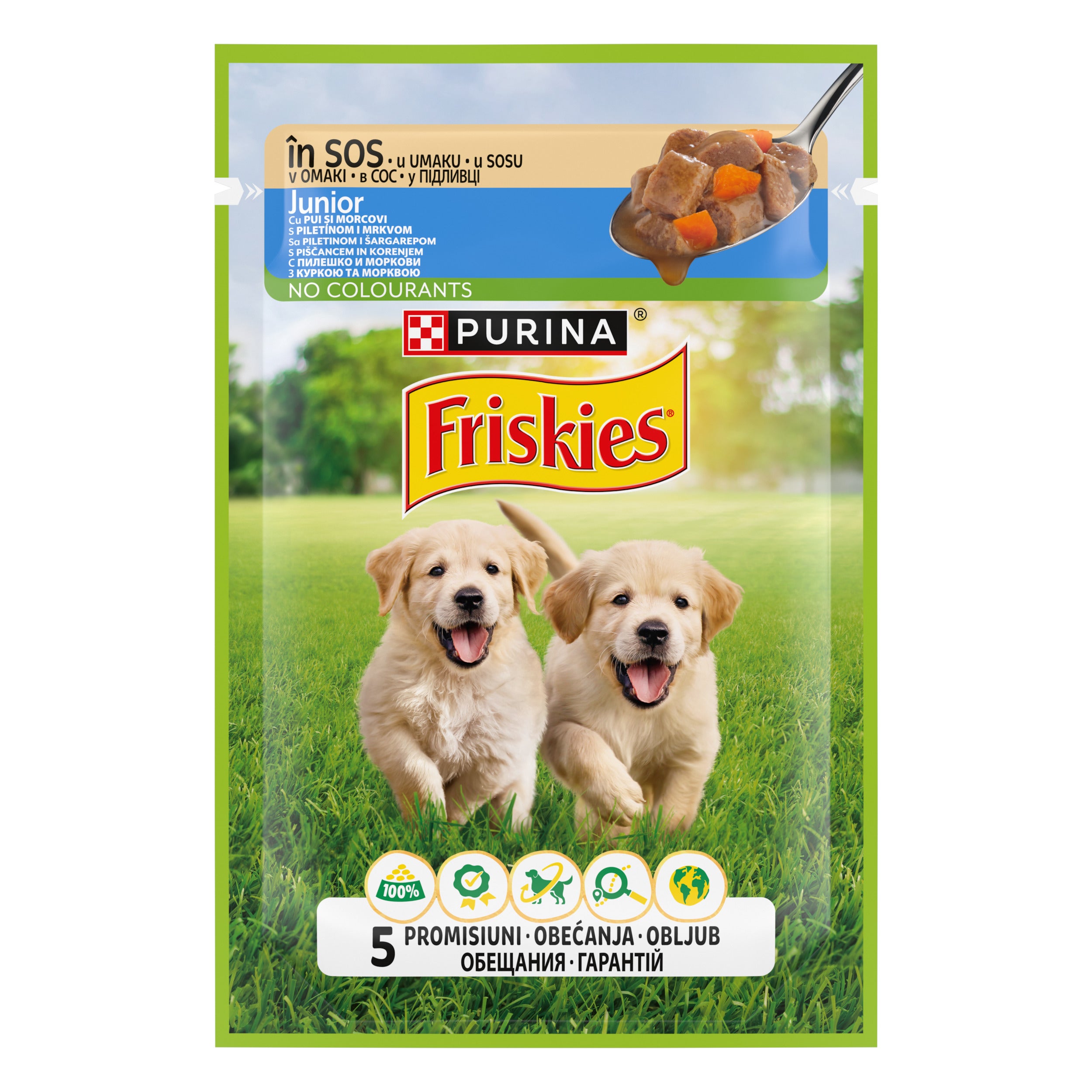 PURINA FRISKIES JUNIOR, cu Pui și Morcovi în sos, hrană umedă pentru puii de câine, 85g