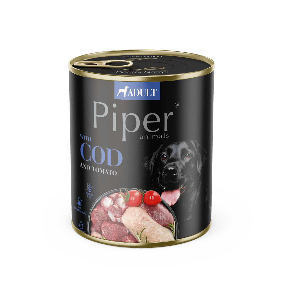 Hrana umeda pentru caini PIPER DOG, cod si tomate, 800g