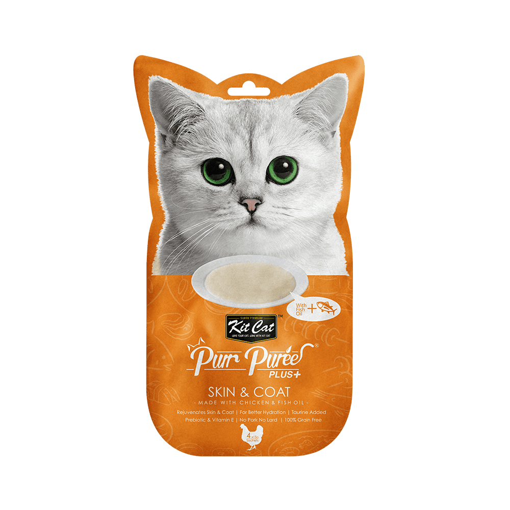 Recompense lichide pentru pisici Kit Cat Purr Puree Plus+ Skin & Coat , pui si ulei de peste