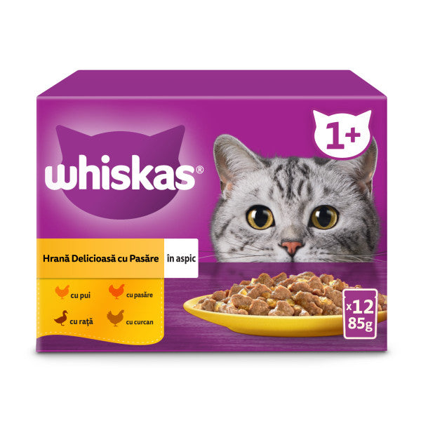 Whiskas hrana umeda pentru pisici adulte cu carne de pasare in aspic 12 x 85 g
