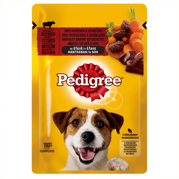 Pedigree hrana umeda pentru caini adulti, cu vita si miel in sos