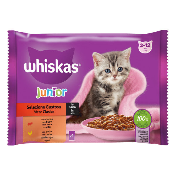 Whiskas Junior hrana umeda pentru pisici junioare, selectii clasice in sos de carne