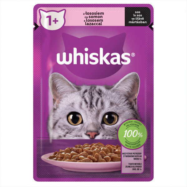 Whiskas hrana umeda pentru pisici adulte, cu somon in sos