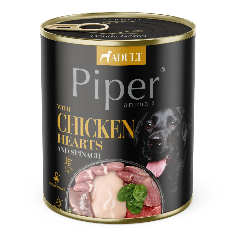 Hrana umeda pentru caini PIPER DOG, inimi de pui si spanac 800g