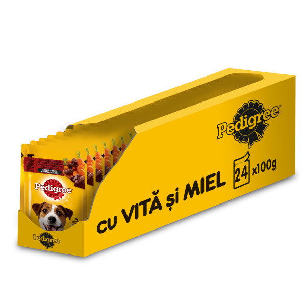 Pedigree hrana umeda pentru caini adulti, cu vita si miel in sos