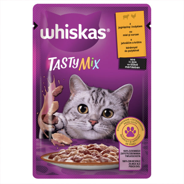 Whiskas Tasty Mix hrana umeda pentru pisici adulte, cu miel si curcan in sos