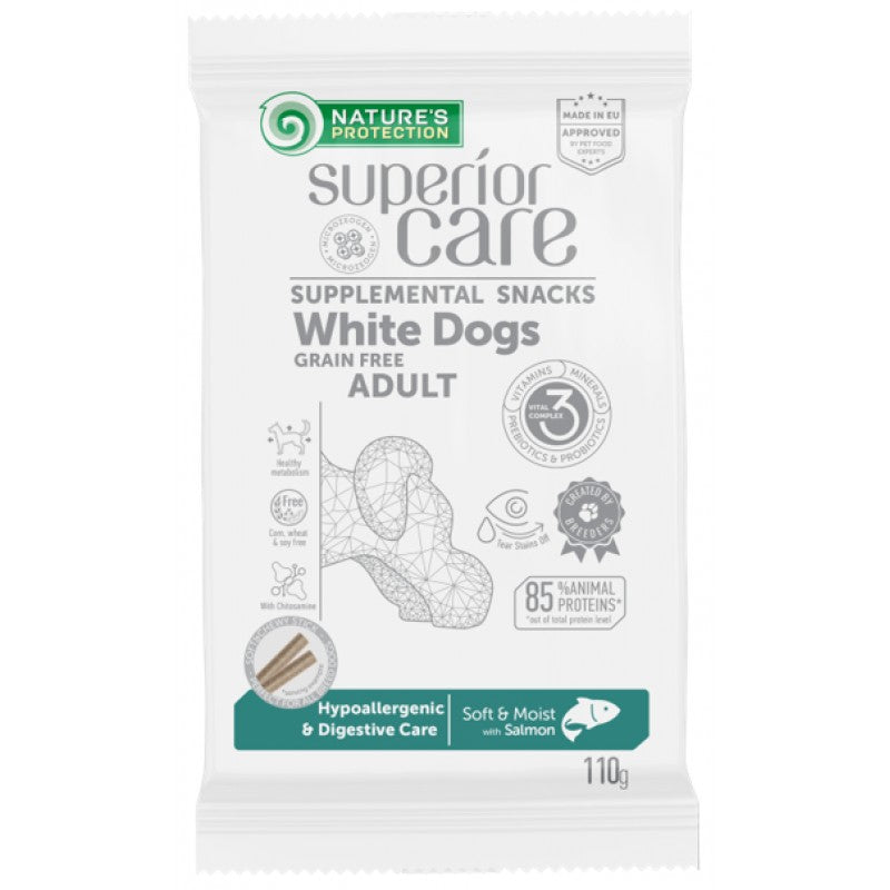 NATURES PROTECTION Superior Care blană albă, Somon, recompense funcționale hipoalergenice fără cereale câini, sensibilități digestive, 110g