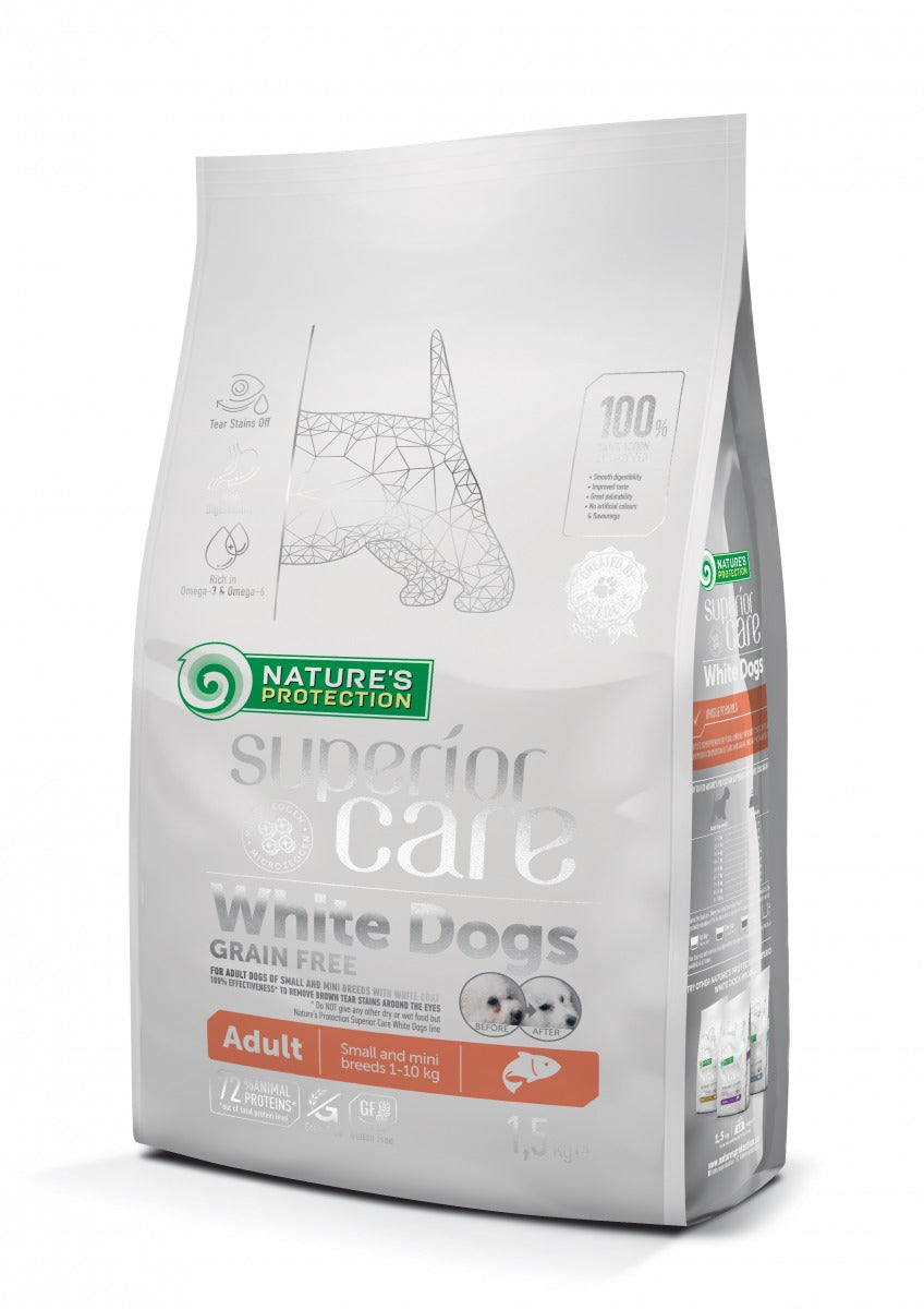 NATURES PROTECTION Superior Care White Dogs Small&Mini, Somon, hrană uscată fără cereale câini, reducerea petelor maronii la câinii albi, 1.5kg