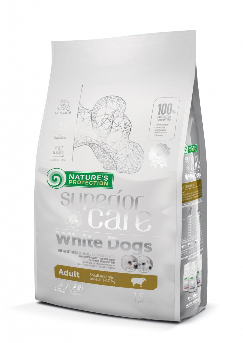 NATURES PROTECTION Superior Care White Dogs Small&Mini, Miel, hrană uscată fără cereale câini, reducerea petelor maronii la câinii albi, 1.5kg