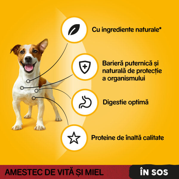 Pedigree hrana umeda pentru caini adulti, cu vita si miel in sos