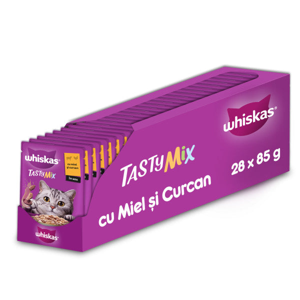 Whiskas Tasty Mix hrana umeda pentru pisici adulte, cu miel si curcan in sos